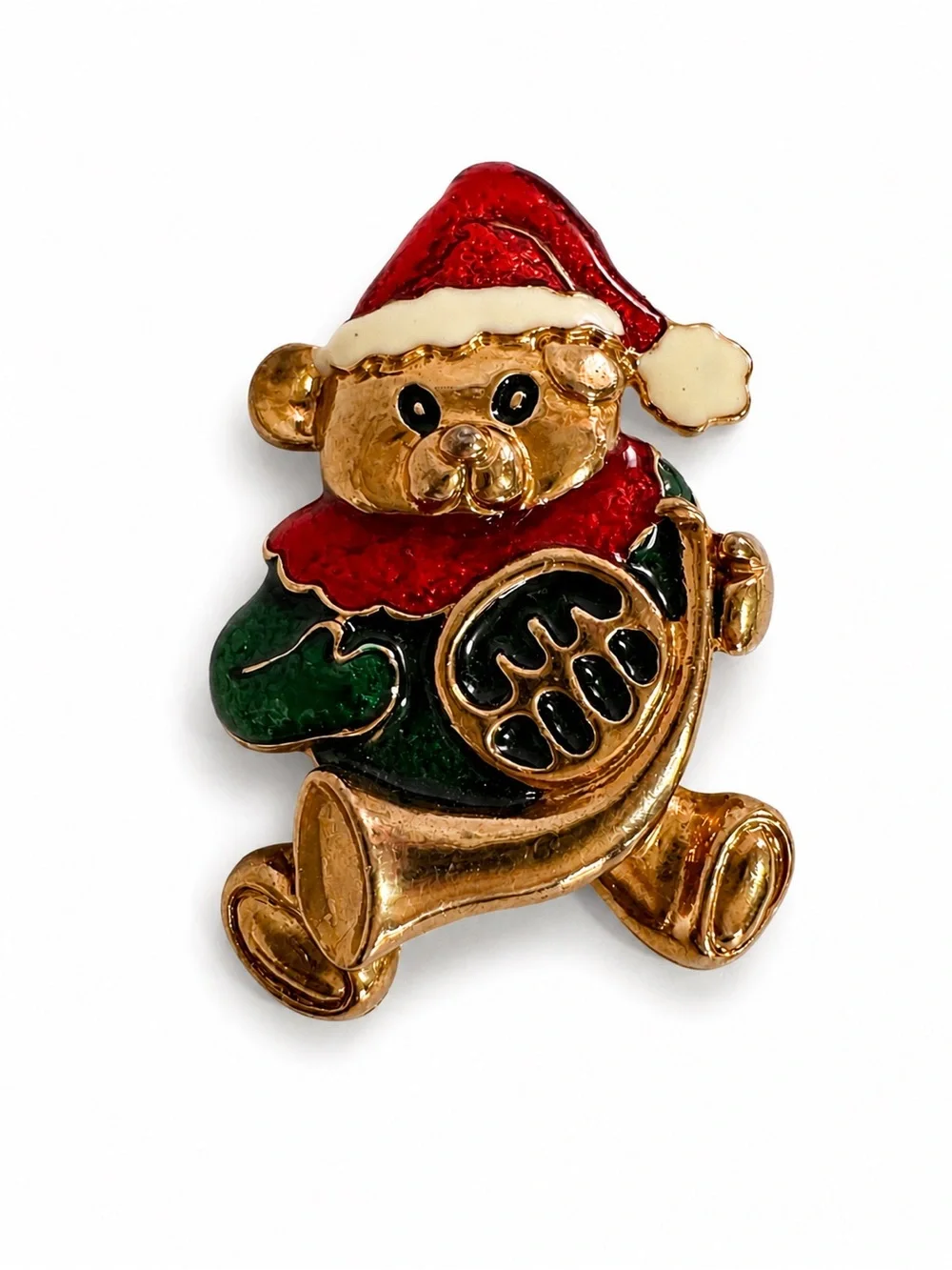 Vintage Christmas Teddy Bear French Horn Brooch Gold Tone Enamel Santa Hat Pin